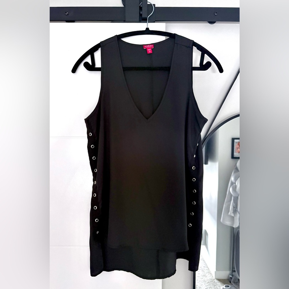Guess Black V-Neck Tank Top with Eyelet Accents